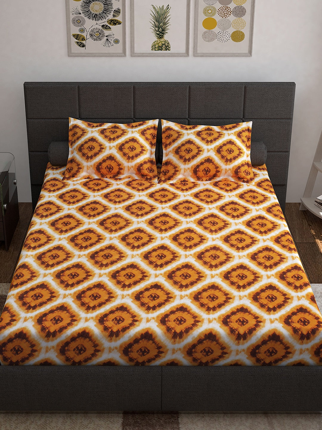 Story@home Unisex Yellow Geometric Cotton 152 TC 1 King Size Bedsheet with 2 Pillow Covers | Grocsy