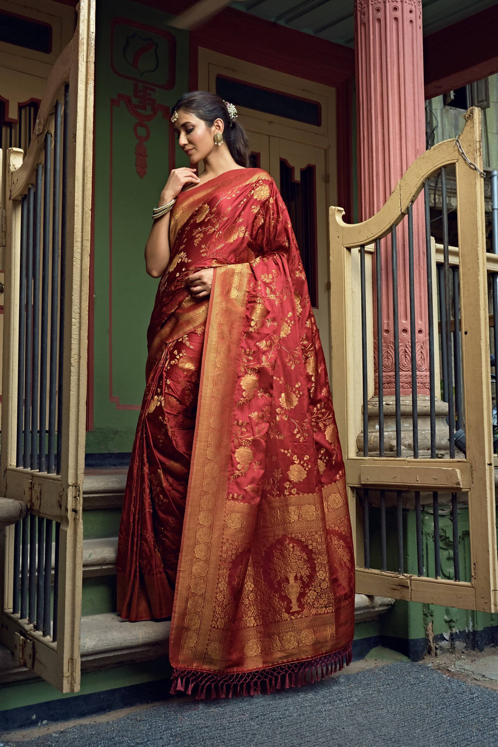 Vardha Ruby Red Golden Zari Banarasi Satin Silk Saree | Grocsy