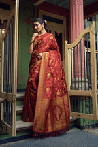 Vardha Ruby Red Golden Zari Banarasi Satin Silk Saree | Grocsy