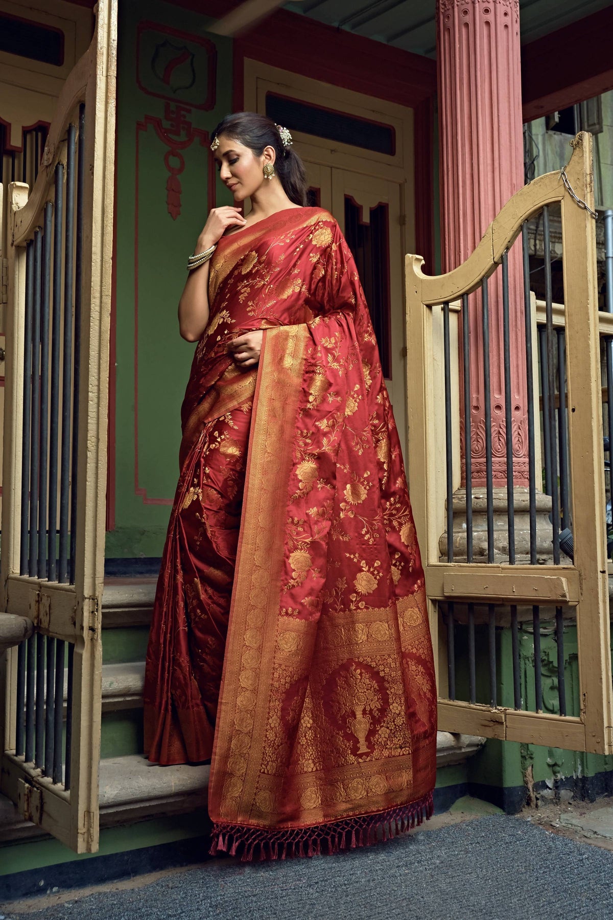 Vardha Ruby Red Golden Zari Banarasi Satin Silk Saree | Grocsy