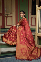 Vardha Ruby Red Golden Zari Banarasi Satin Silk Saree | Grocsy
