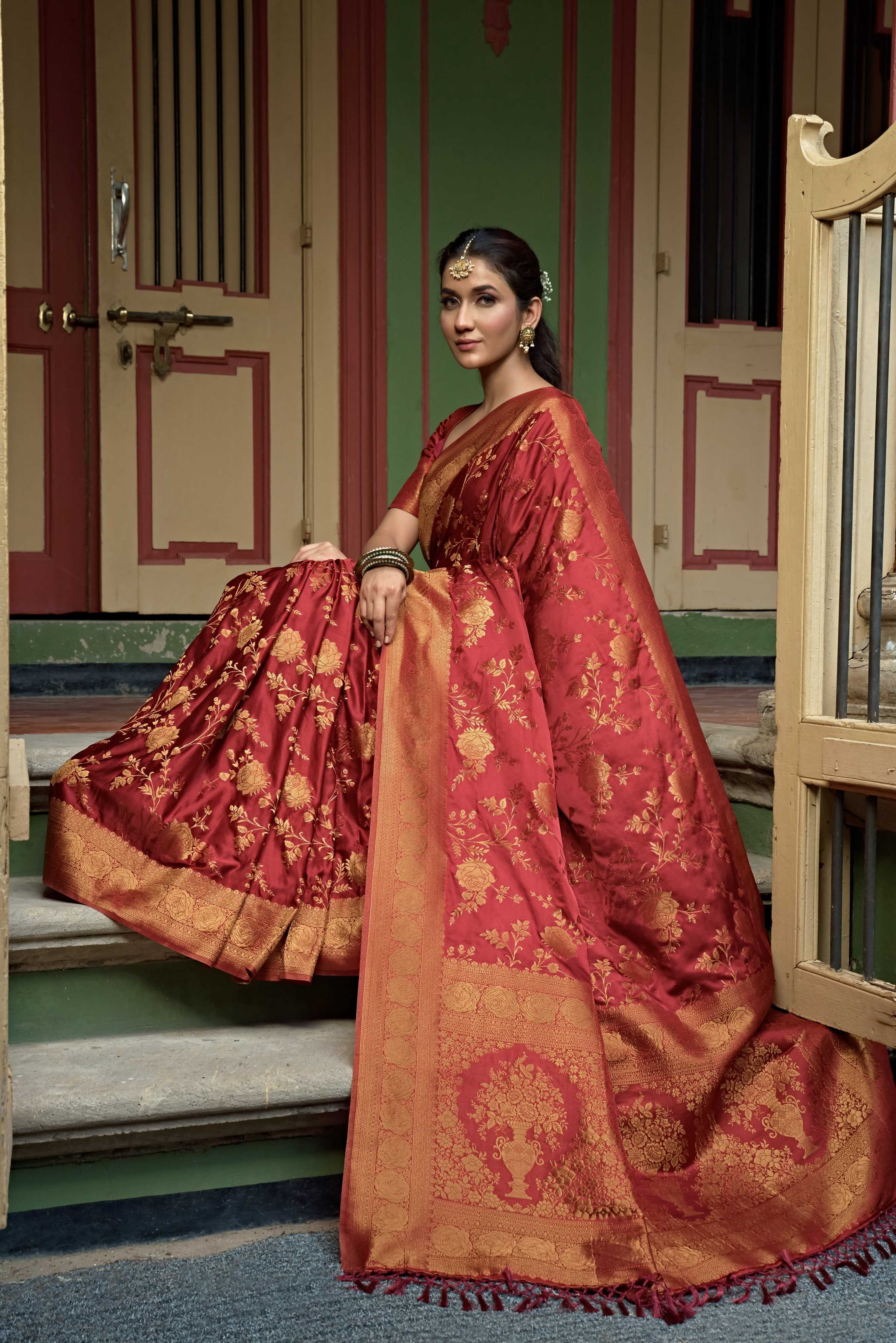 Vardha Ruby Red Golden Zari Banarasi Satin Silk Saree | Grocsy