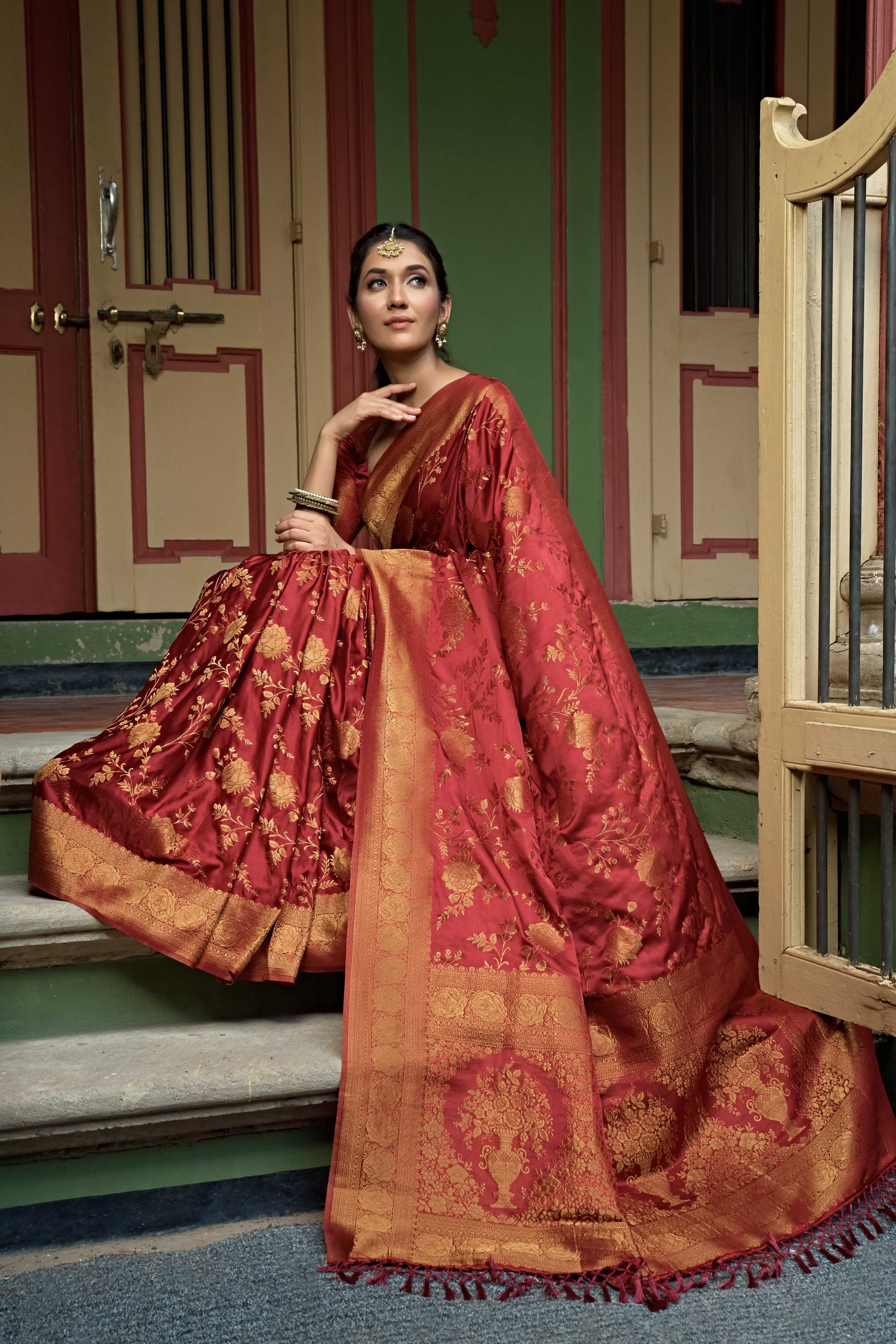 Vardha Ruby Red Golden Zari Banarasi Satin Silk Saree | Grocsy