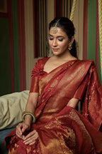 Vardha Ruby Red Golden Zari Banarasi Satin Silk Saree | Grocsy