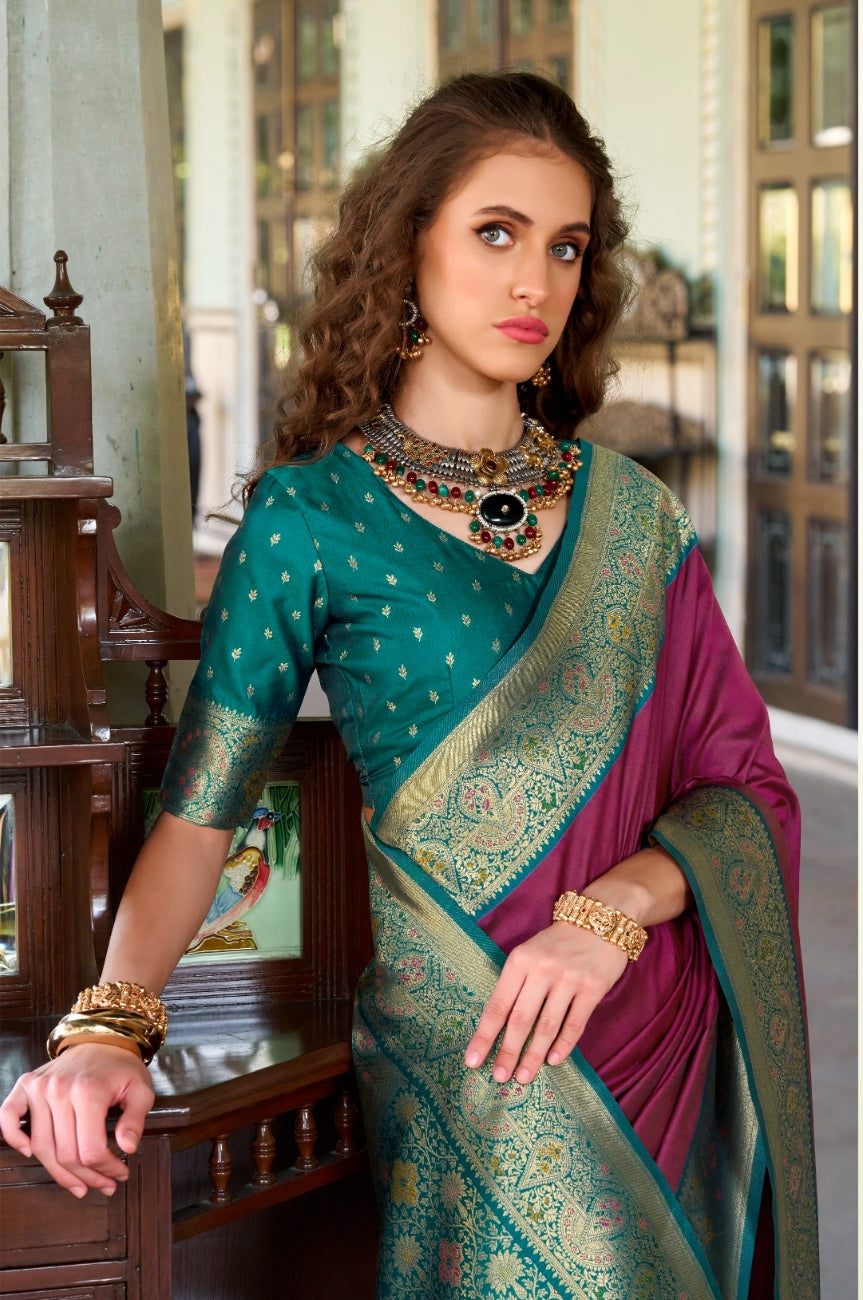 Anaita Wine Soft Silk Zari Weaving Saree With Blouse Piece | Grocsy