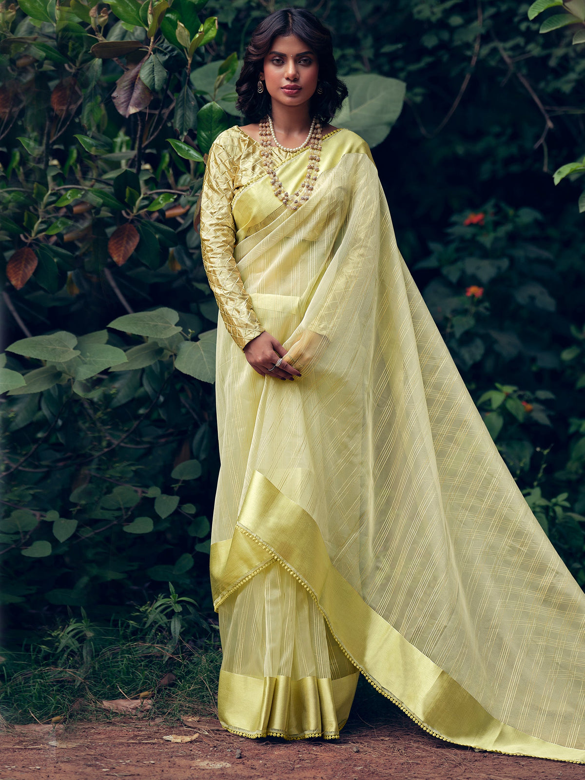 Stylee Lifestyle Green Organza Woven Saree | Grocsy