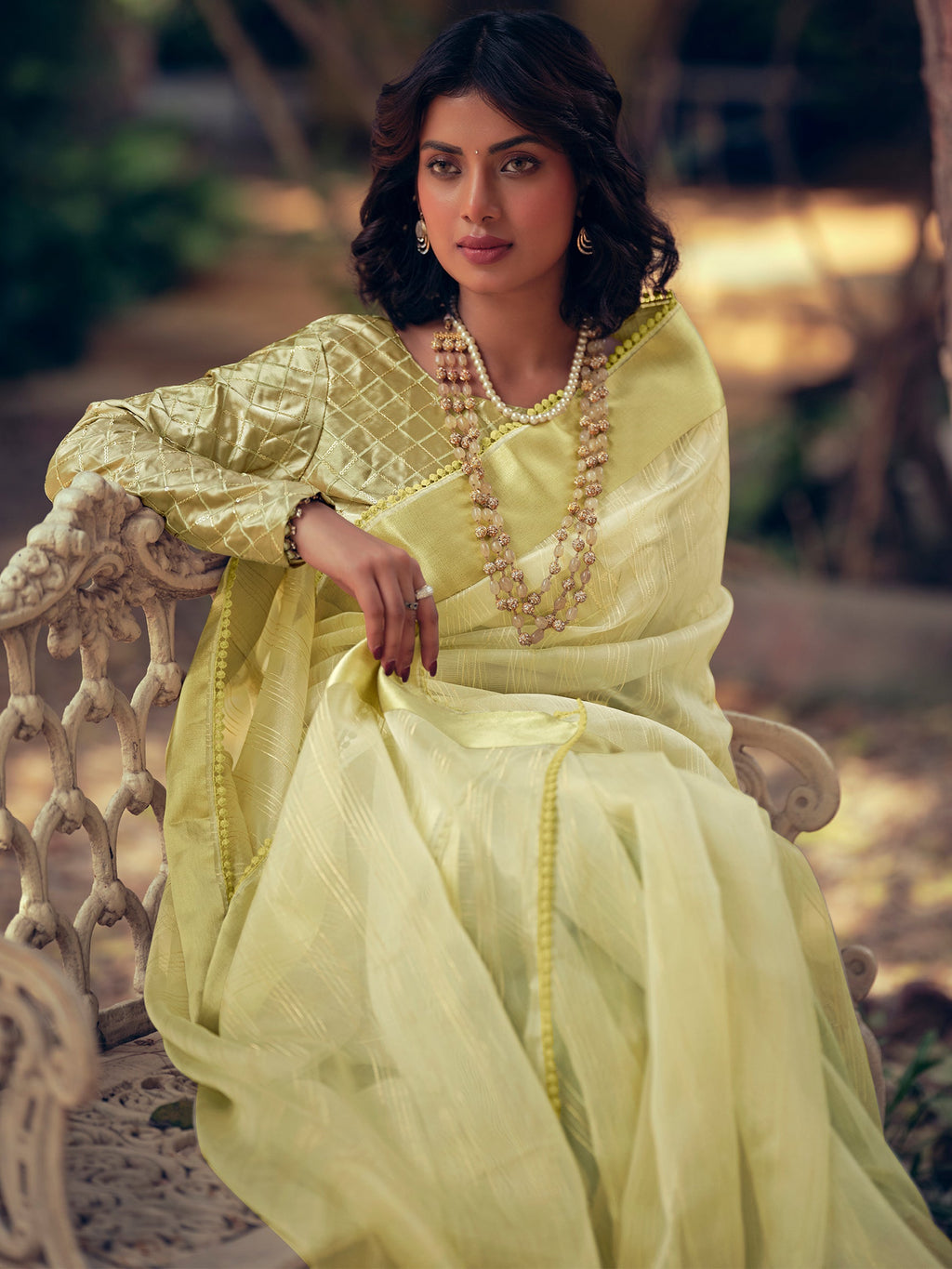 Stylee Lifestyle Green Organza Woven Saree | Grocsy