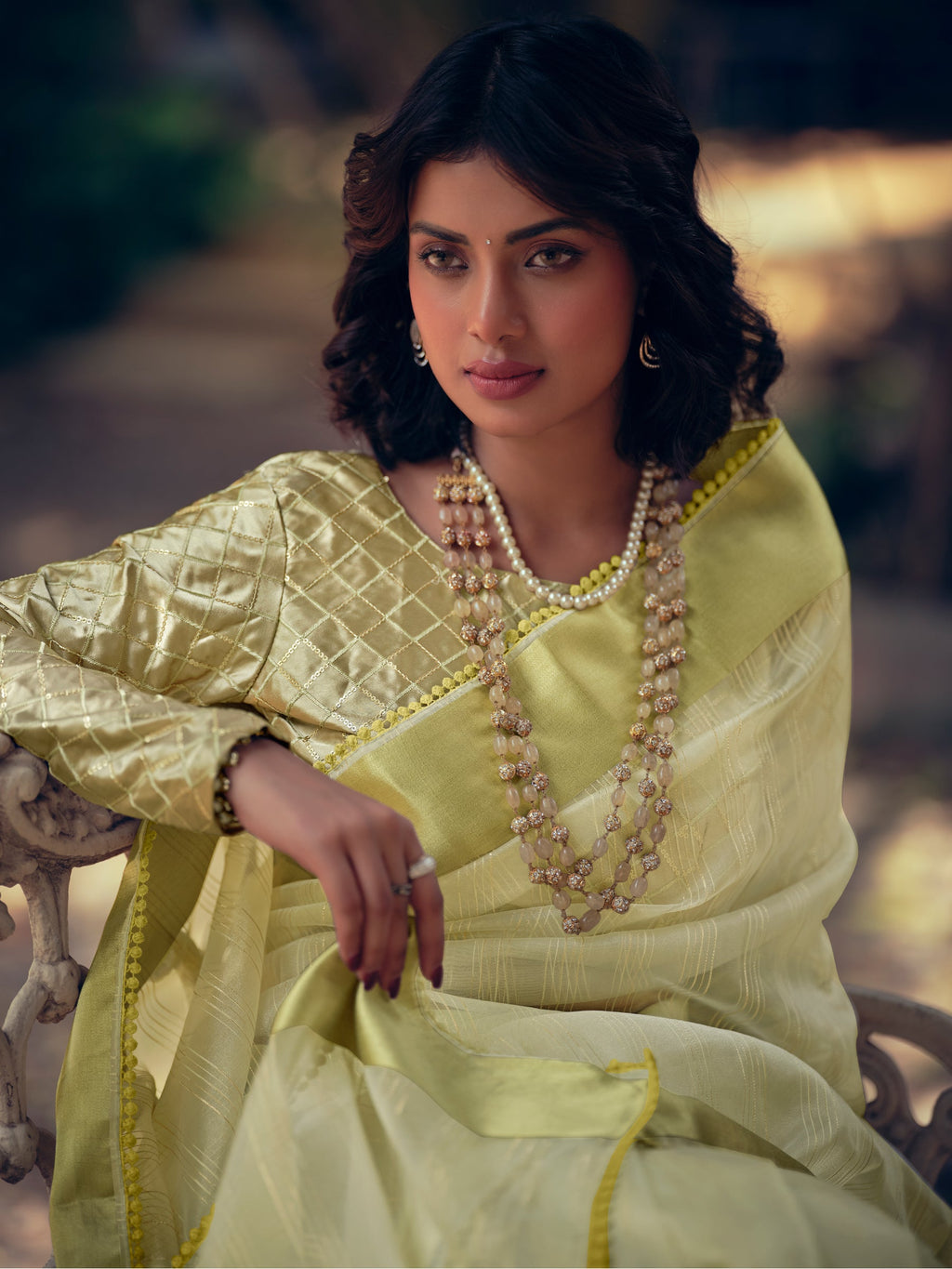 Stylee Lifestyle Green Organza Woven Saree | Grocsy