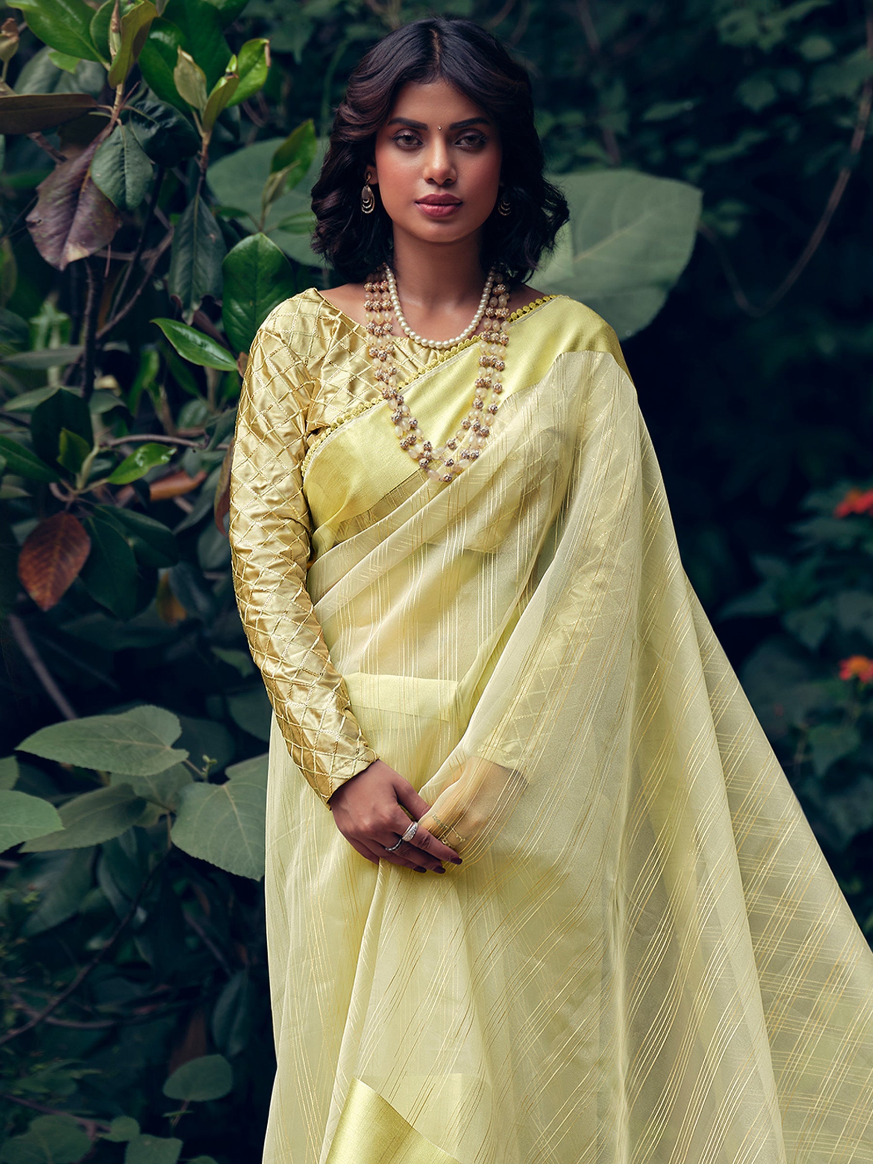 Stylee Lifestyle Green Organza Woven Saree | Grocsy