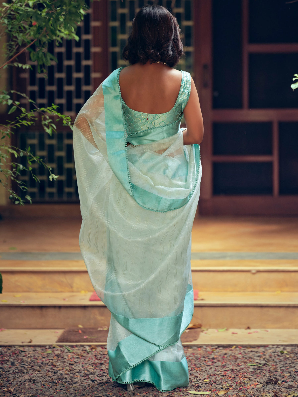 Stylee Lifestyle Sky Blue Organza Woven Saree | Grocsy