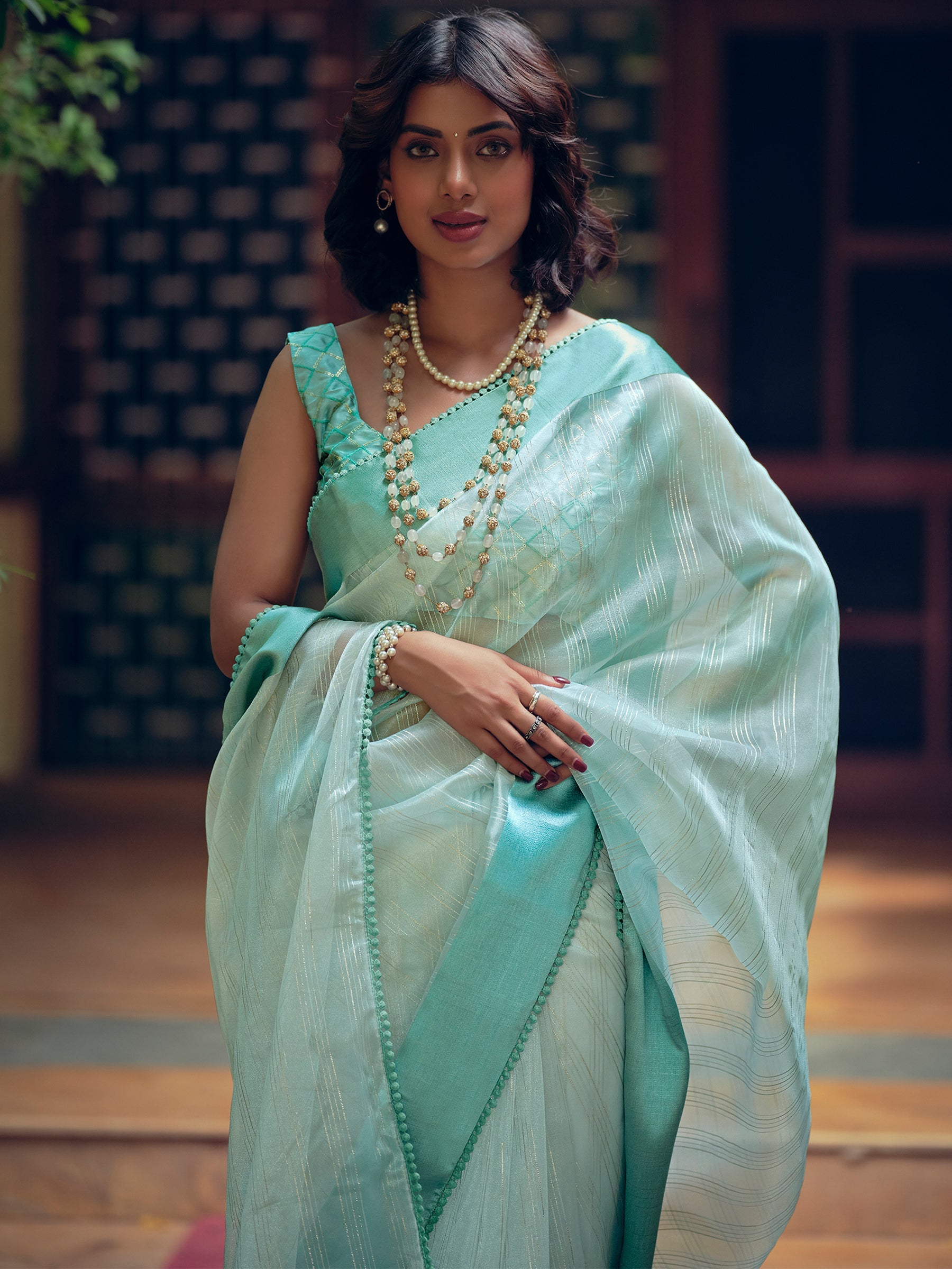 Stylee Lifestyle Sky Blue Organza Woven Saree | Grocsy