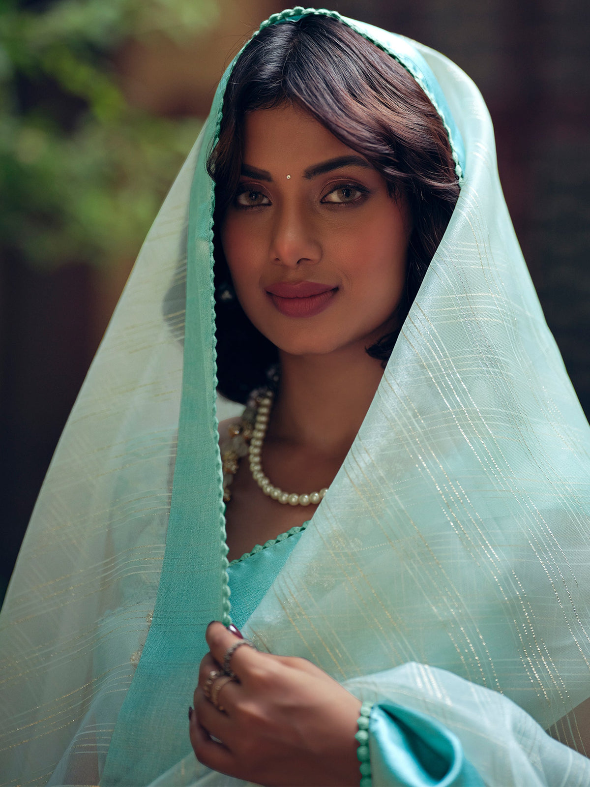 Stylee Lifestyle Sky Blue Organza Woven Saree | Grocsy