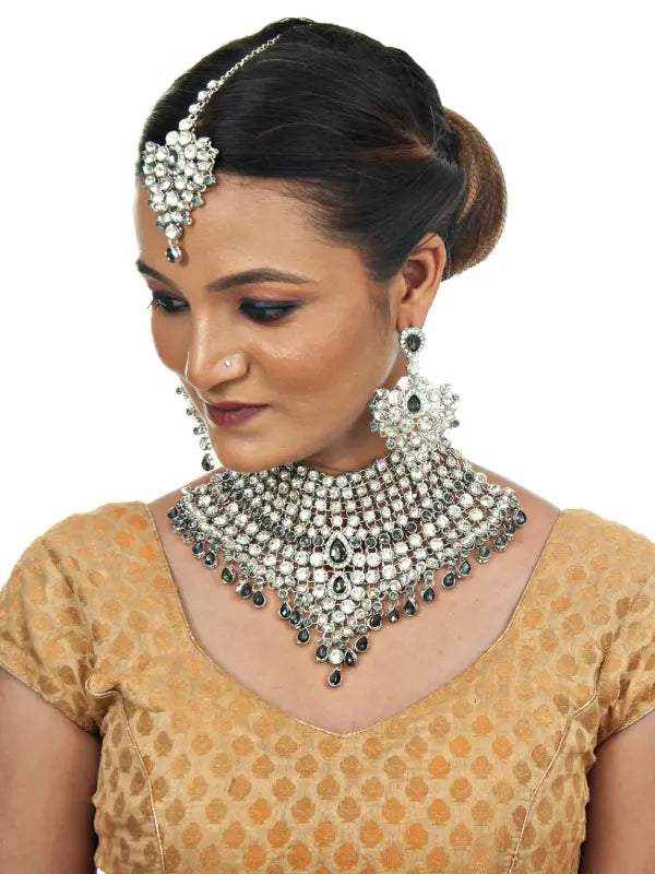 Tehzeeb Creations Platinum Plated Silver Polish Stone Mini Bridal Choker Set for Women & Girls | Grocsy