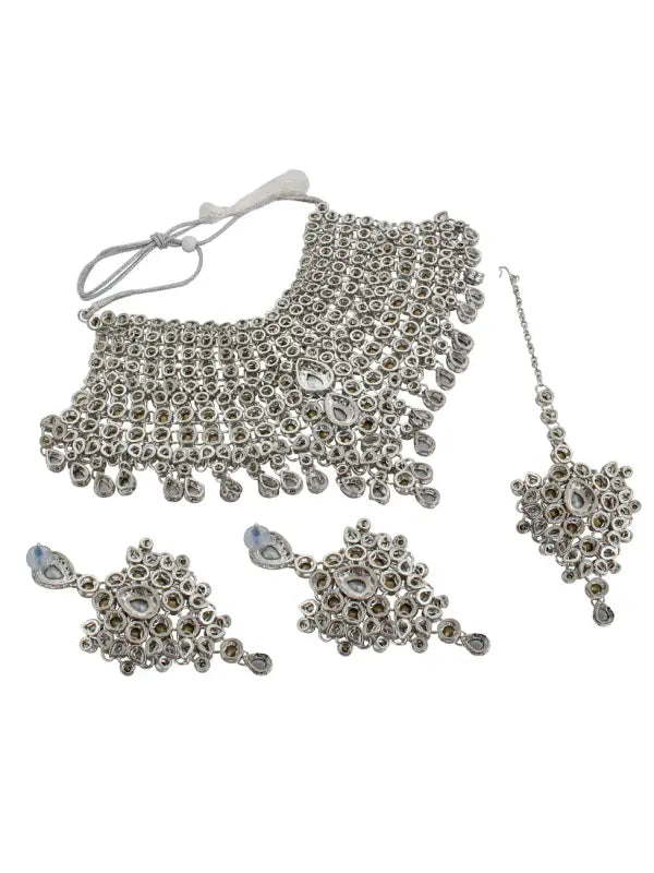 Tehzeeb Creations Platinum Plated Silver Polish Stone Mini Bridal Choker Set for Women & Girls | Grocsy