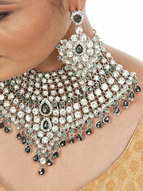 Tehzeeb Creations Platinum Plated Silver Polish Stone Mini Bridal Choker Set for Women & Girls | Grocsy