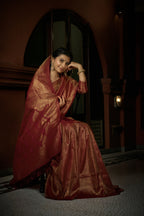 Vardha Carnelian Maroon Golden Zari Kanjeevaram Silk Saree | Grocsy