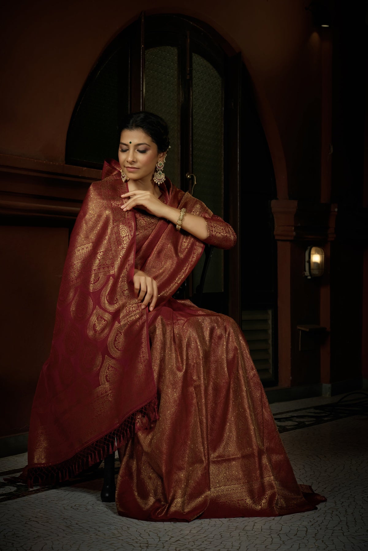 Vardha Carnelian Maroon Golden Zari Kanjeevaram Silk Saree | Grocsy