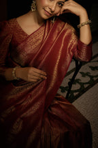 Vardha Carnelian Maroon Golden Zari Kanjeevaram Silk Saree | Grocsy