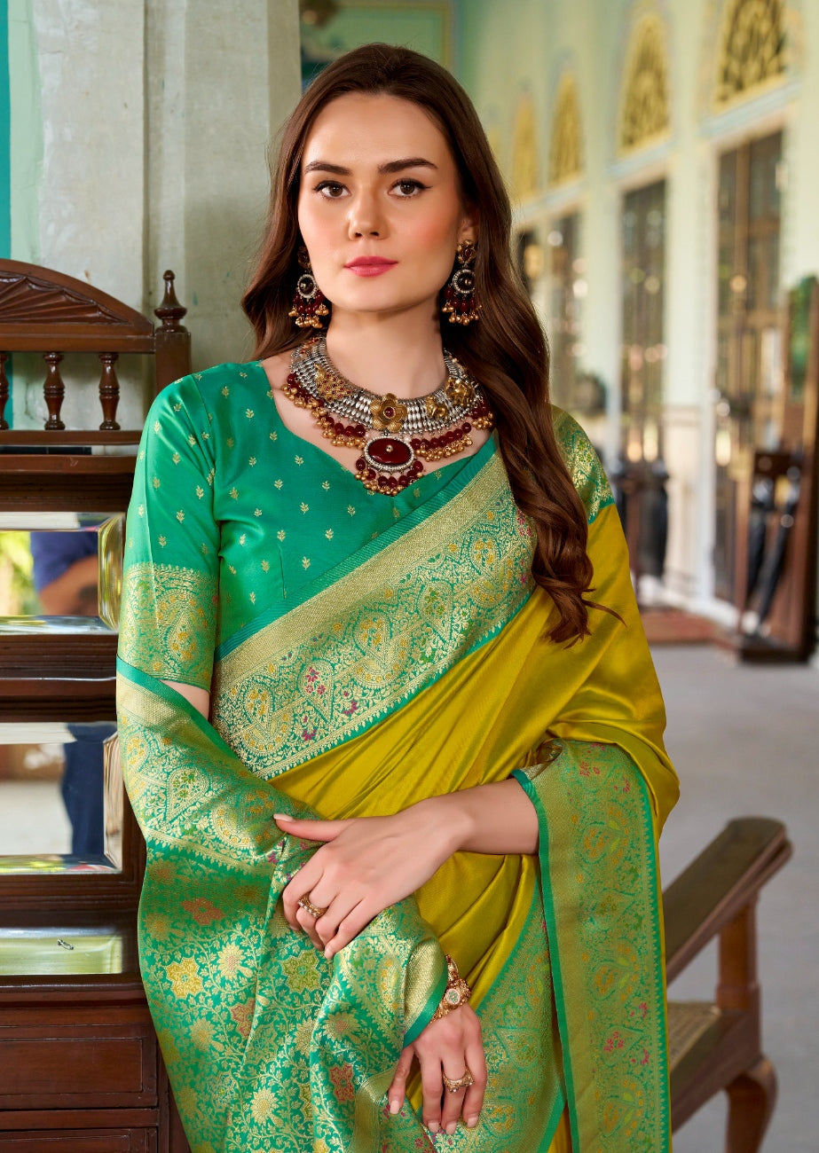 Anaita Mustard Soft Silk Zari Weaving Saree With Blouse Piece | Grocsy