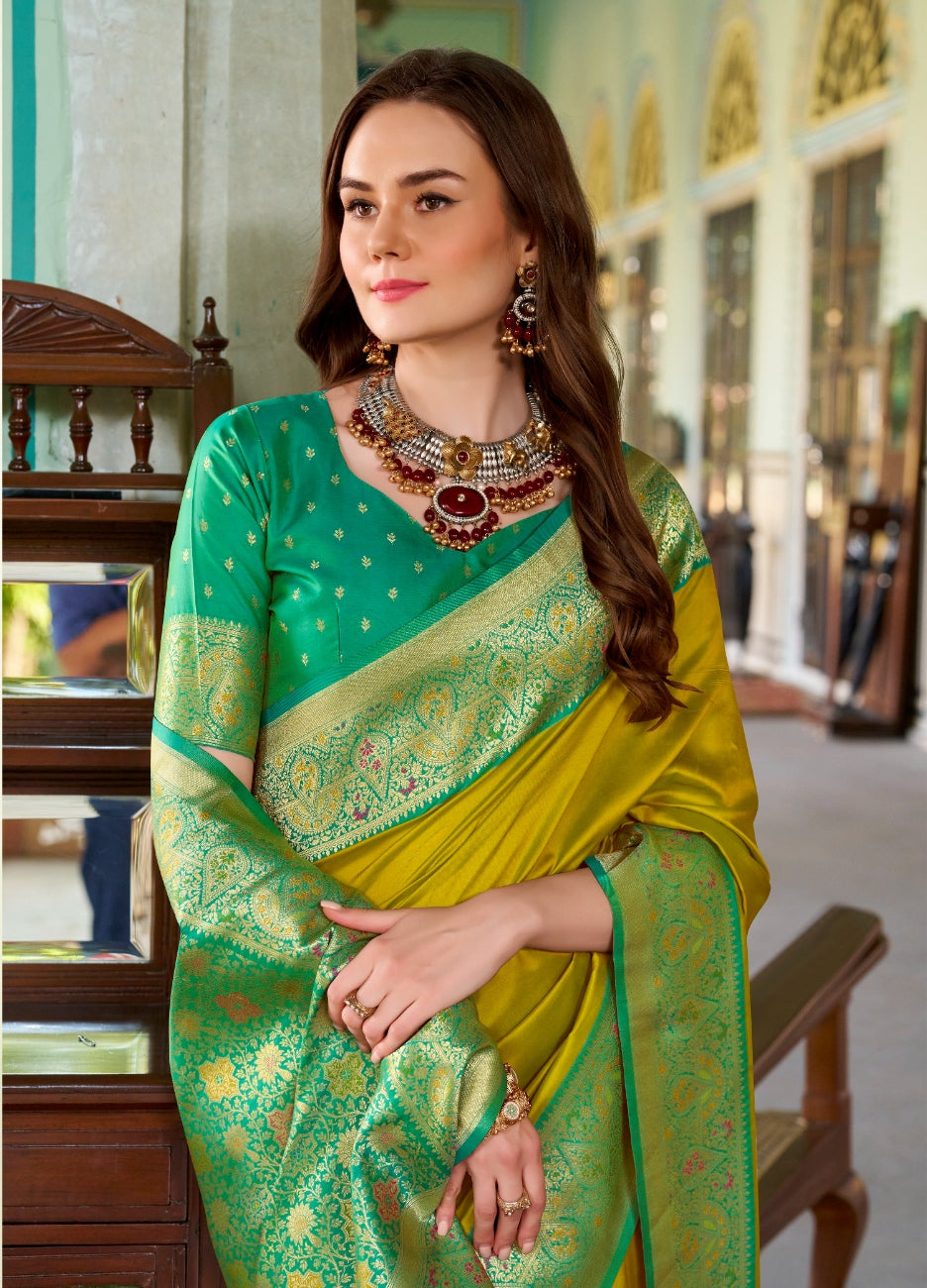 Anaita Mustard Soft Silk Zari Weaving Saree With Blouse Piece | Grocsy