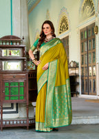Anaita Mustard Soft Silk Zari Weaving Saree With Blouse Piece | Grocsy