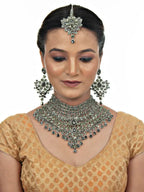Tehzeeb Creations Platinum Plated Silver Polish Stone Mini Bridal Choker Set for Women & Girls | Grocsy