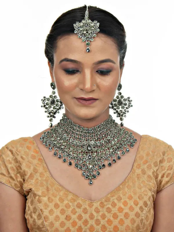 Tehzeeb Creations Platinum Plated Silver Polish Stone Mini Bridal Choker Set for Women & Girls | Grocsy