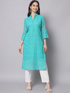 HERE&NOW Women Turquoise Blue Ethnic Motifs Embroidered Thread Work Georgette Kurta | Grocsy