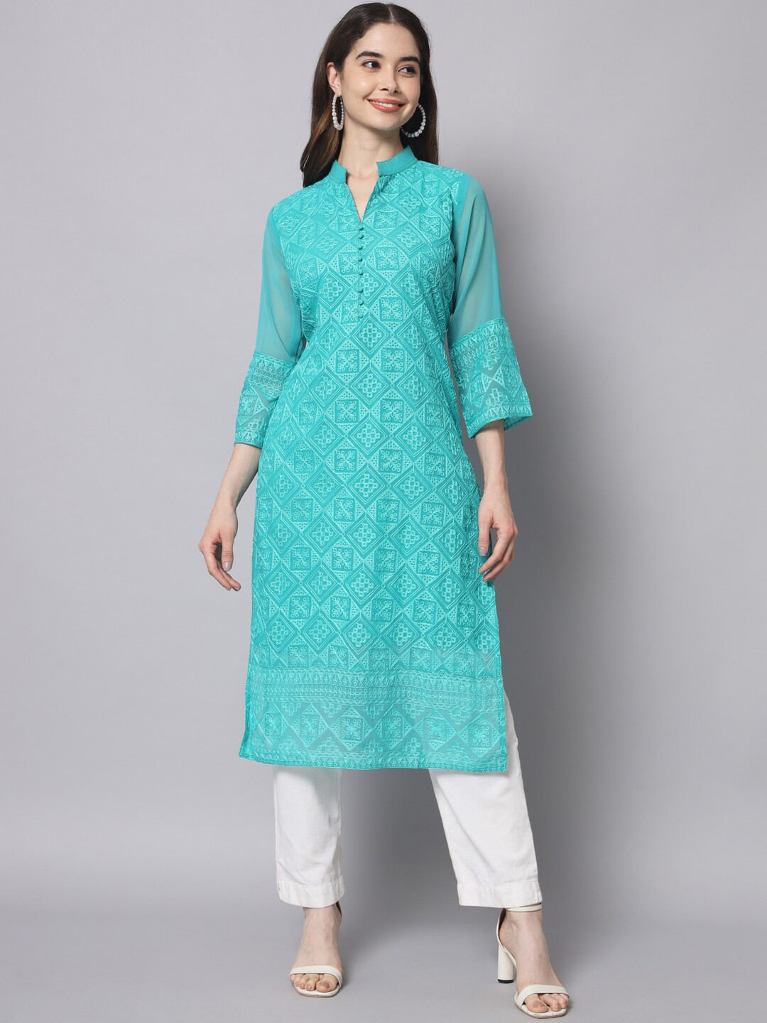 HERE&NOW Women Turquoise Blue Ethnic Motifs Embroidered Thread Work Georgette Kurta | Grocsy
