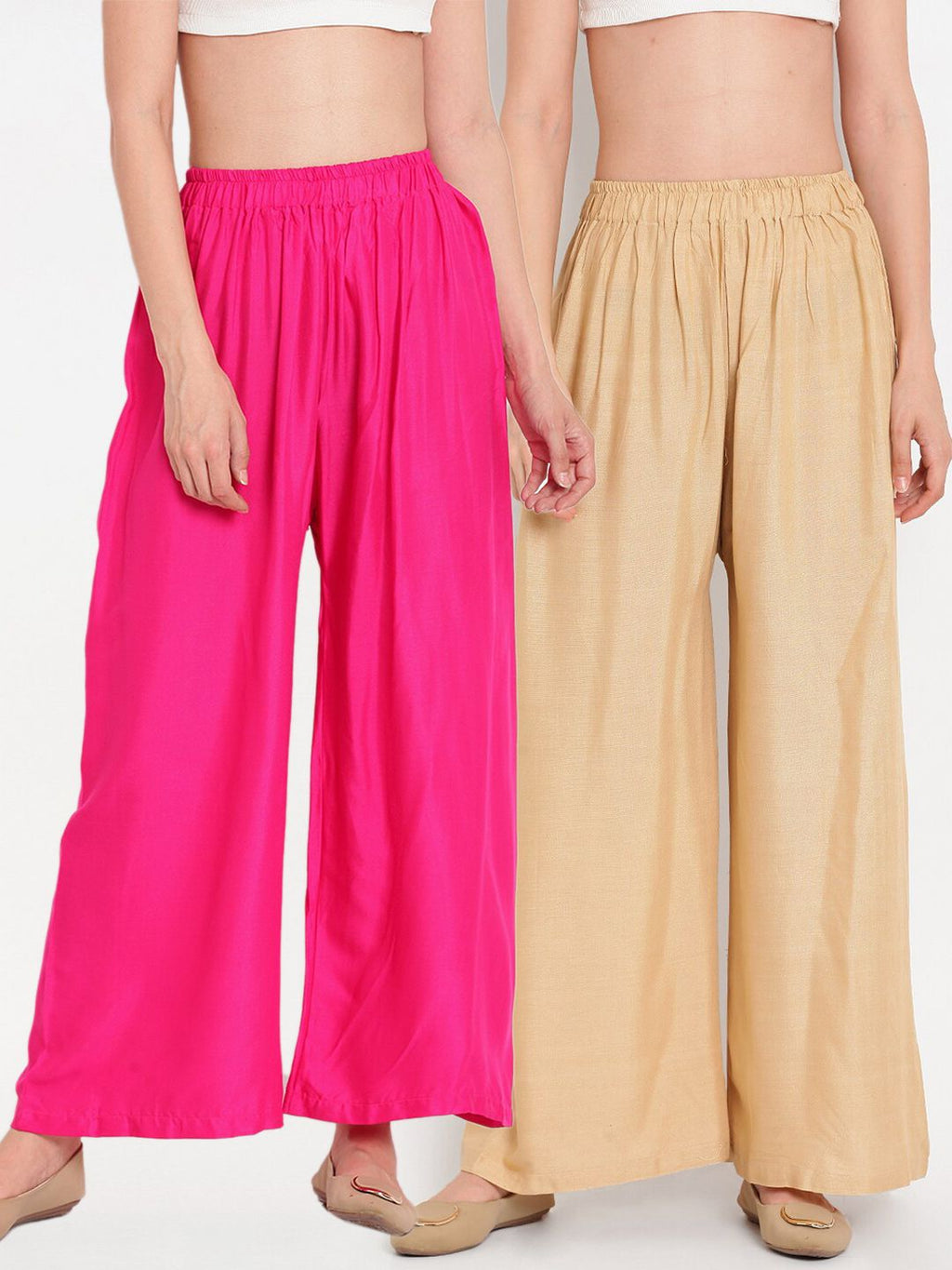 TAG 7 Women Pink & Beige Set of 2 Flared Ethnic Palazzos | Grocsy