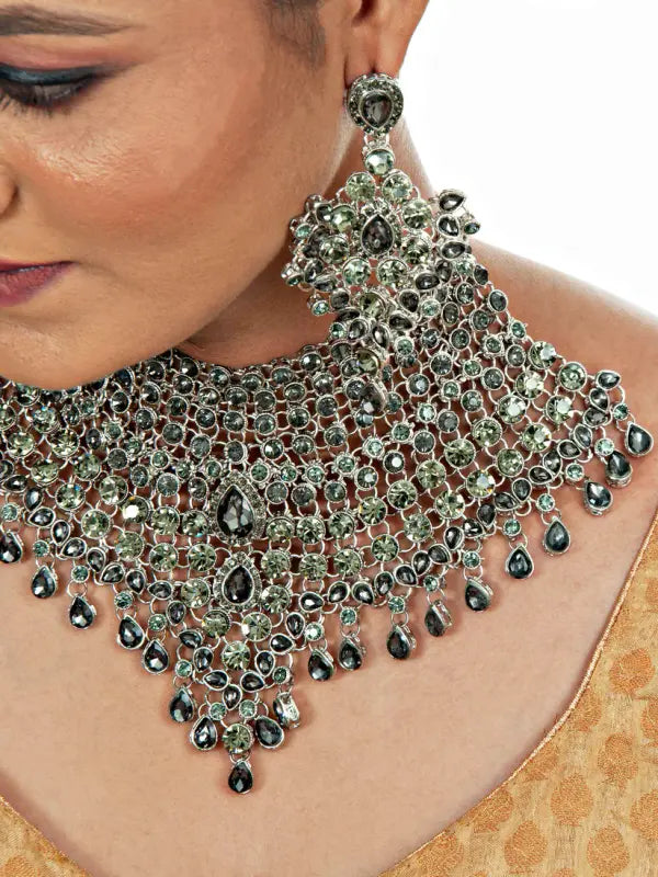 Tehzeeb Creations Platinum Plated Silver Polish Stone Mini Bridal Choker Set for Women & Girls | Grocsy