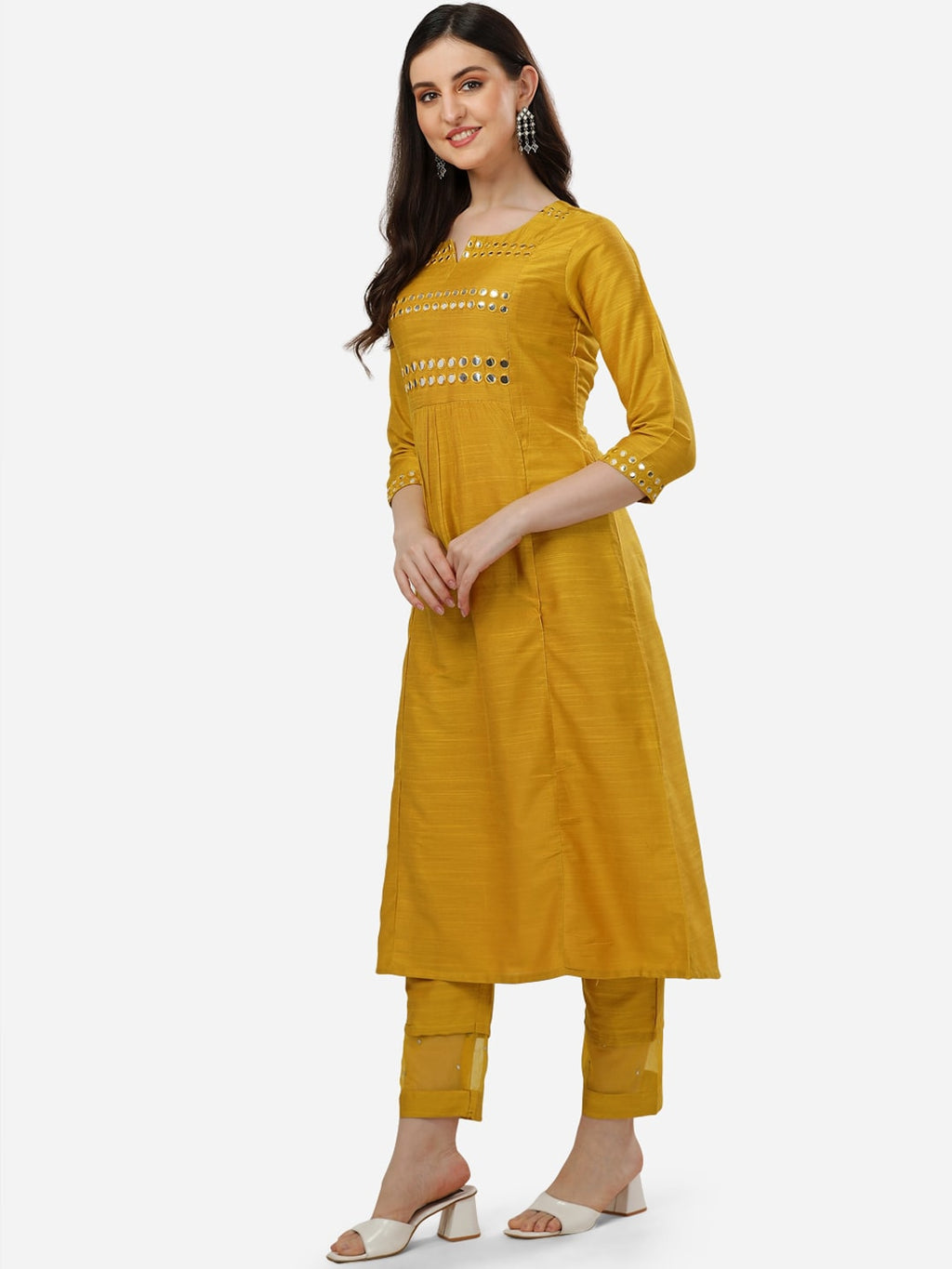 HERE&NOW Women Mustard Yellow Embroidered Panelled Mirror Work Kurta with Trousers | Grocsy