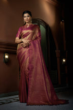Vardha Barbie Pink Golden Zari Kanjeevaram Silk Saree | Grocsy