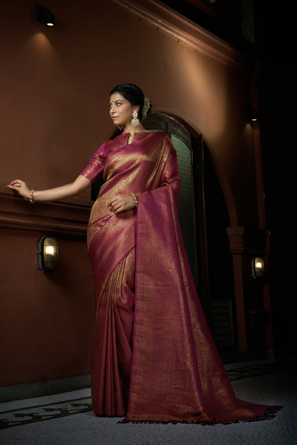 Vardha Barbie Pink Golden Zari Kanjeevaram Silk Saree | Grocsy