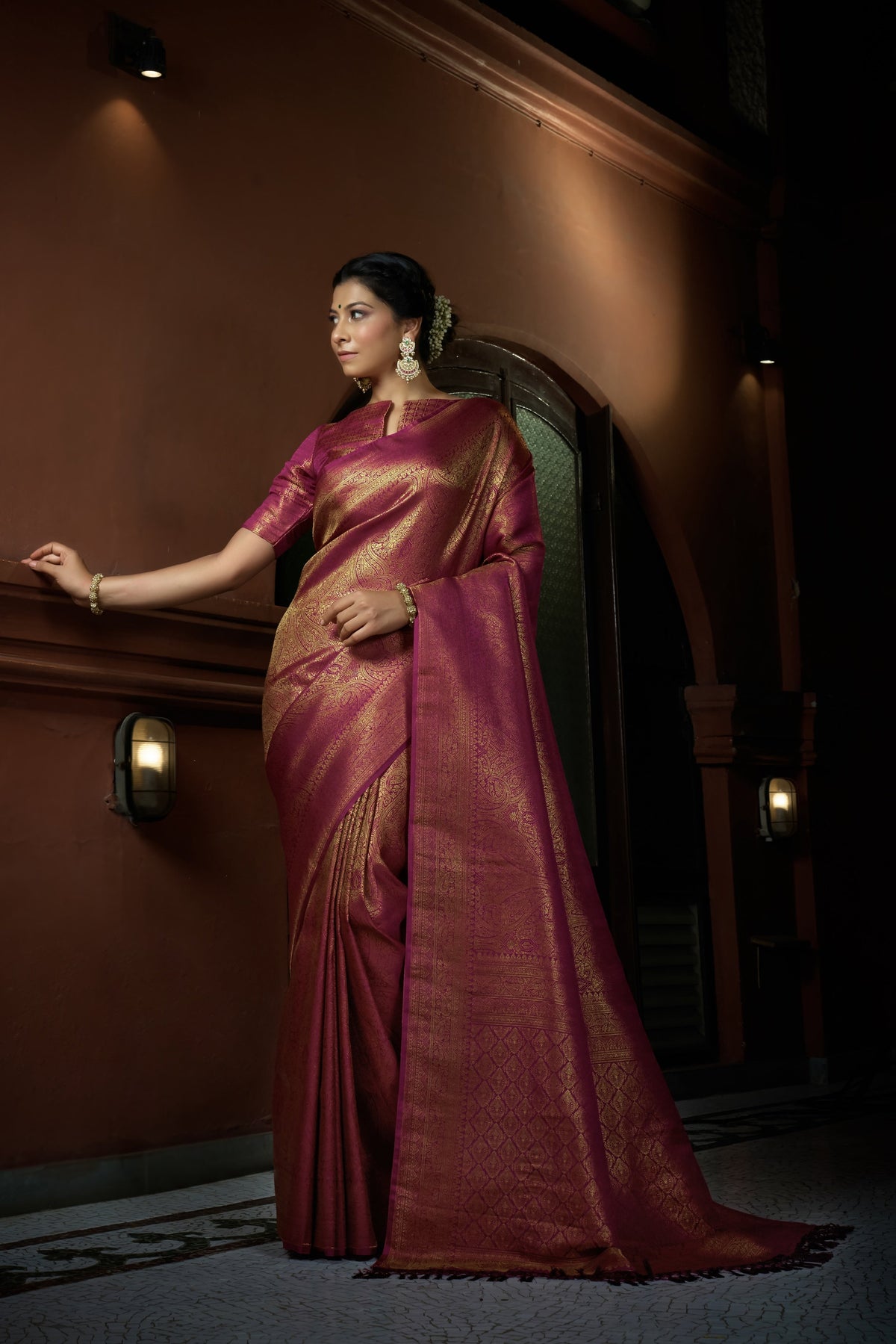 Vardha Barbie Pink Golden Zari Kanjeevaram Silk Saree | Grocsy