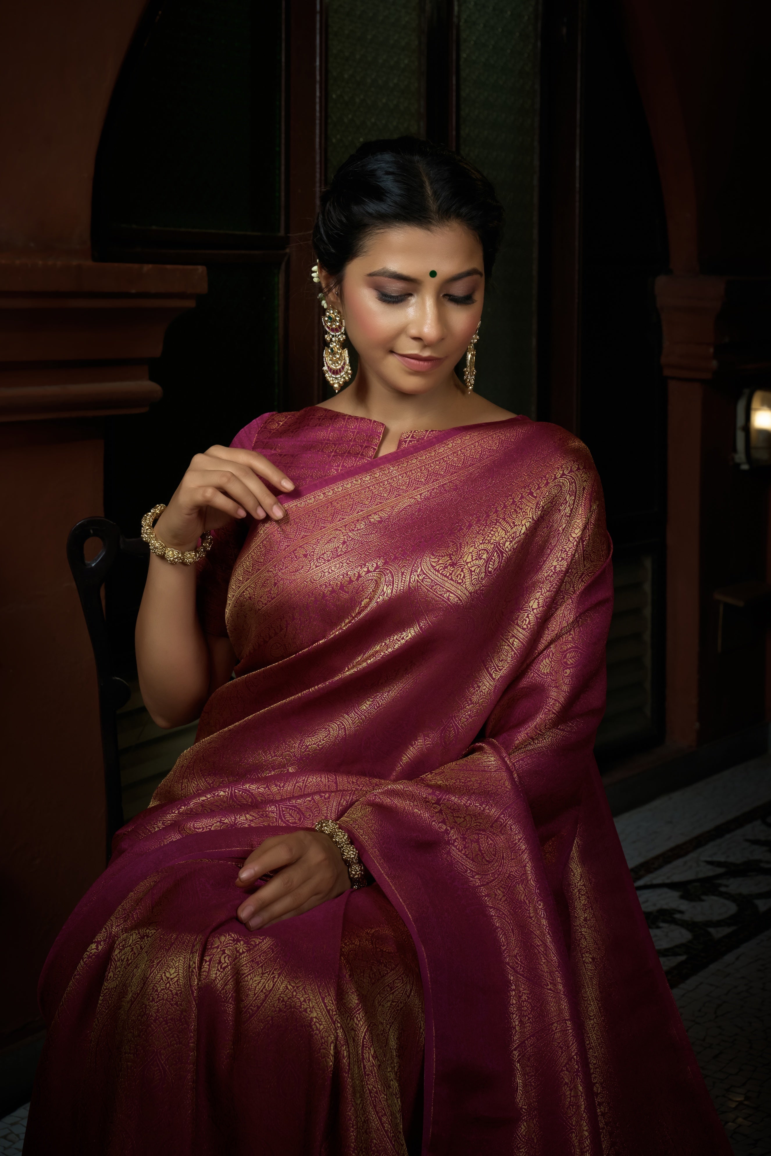 Vardha Barbie Pink Golden Zari Kanjeevaram Silk Saree | Grocsy