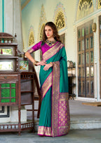 Anaita Teal Soft Silk Zari Weaving Saree With Blouse Piece | Grocsy