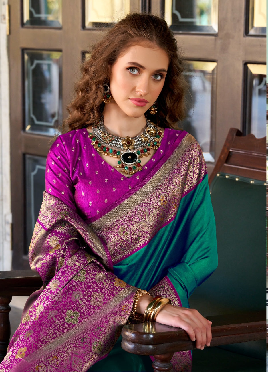 Anaita Teal Soft Silk Zari Weaving Saree With Blouse Piece | Grocsy