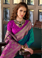Anaita Teal Soft Silk Zari Weaving Saree With Blouse Piece | Grocsy