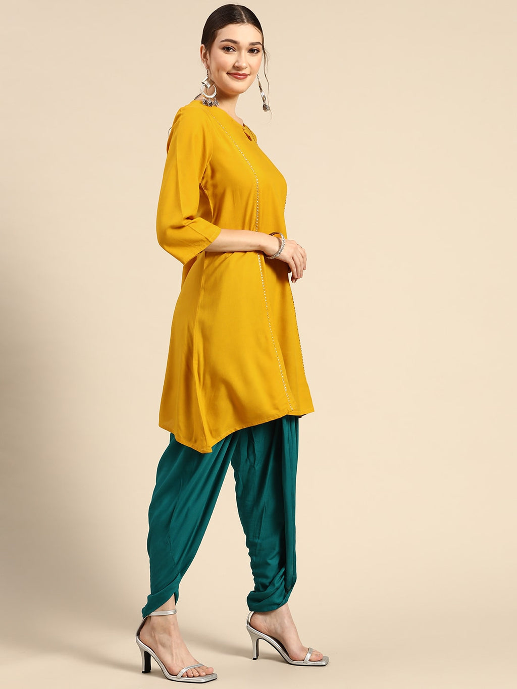Sangria Women Mustard Yellow & Green Kurta with Dhoti Pants | Grocsy