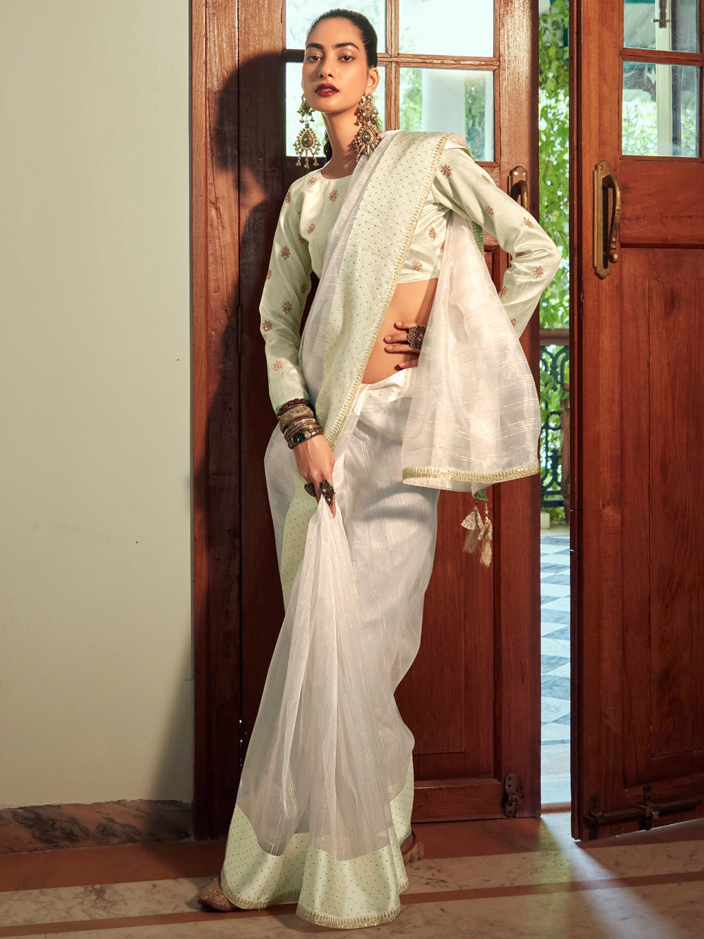 Stylee Lifestyle Cream Organza Woven Saree | Grocsy
