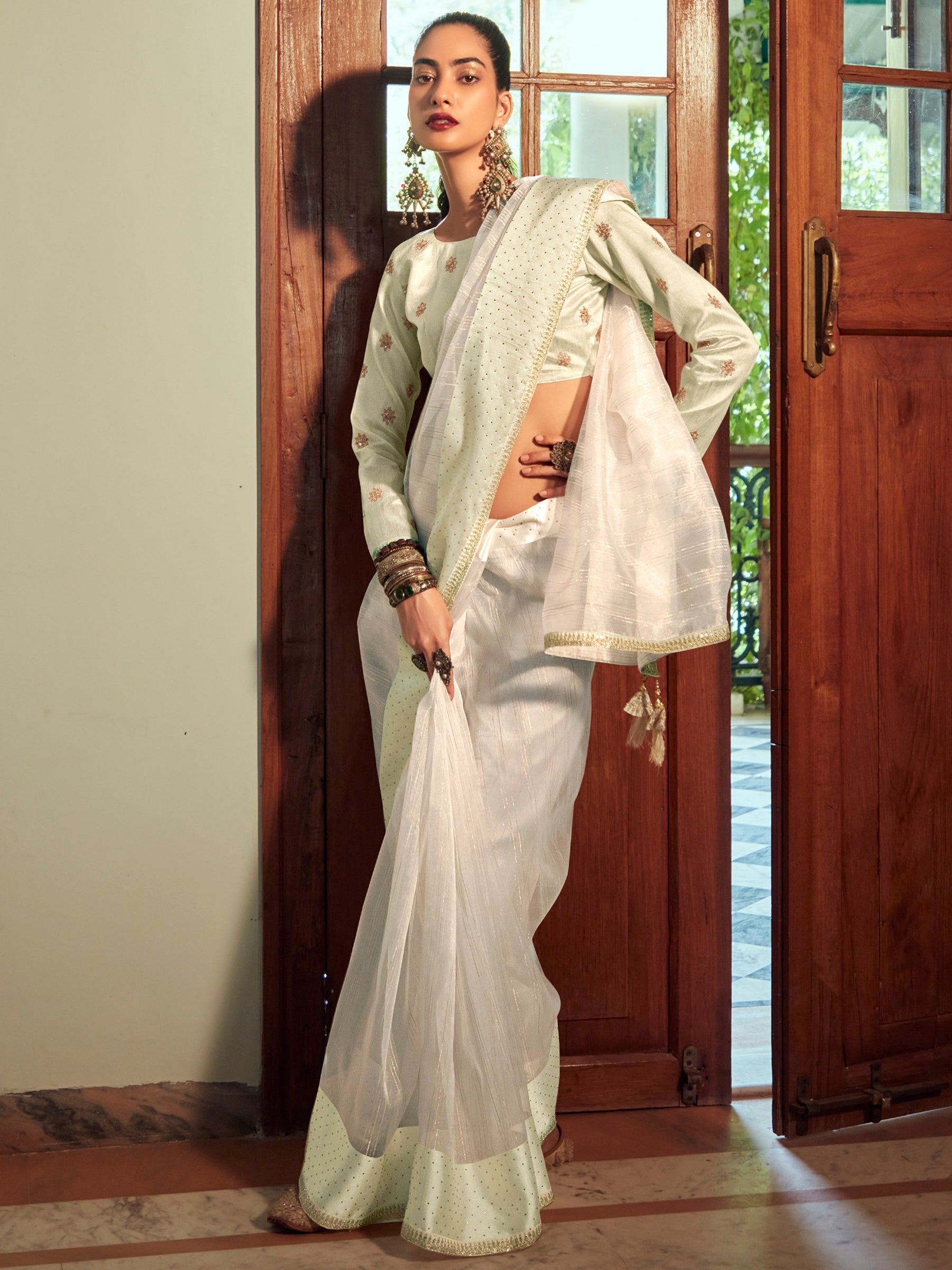Stylee Lifestyle Cream Organza Woven Saree | Grocsy