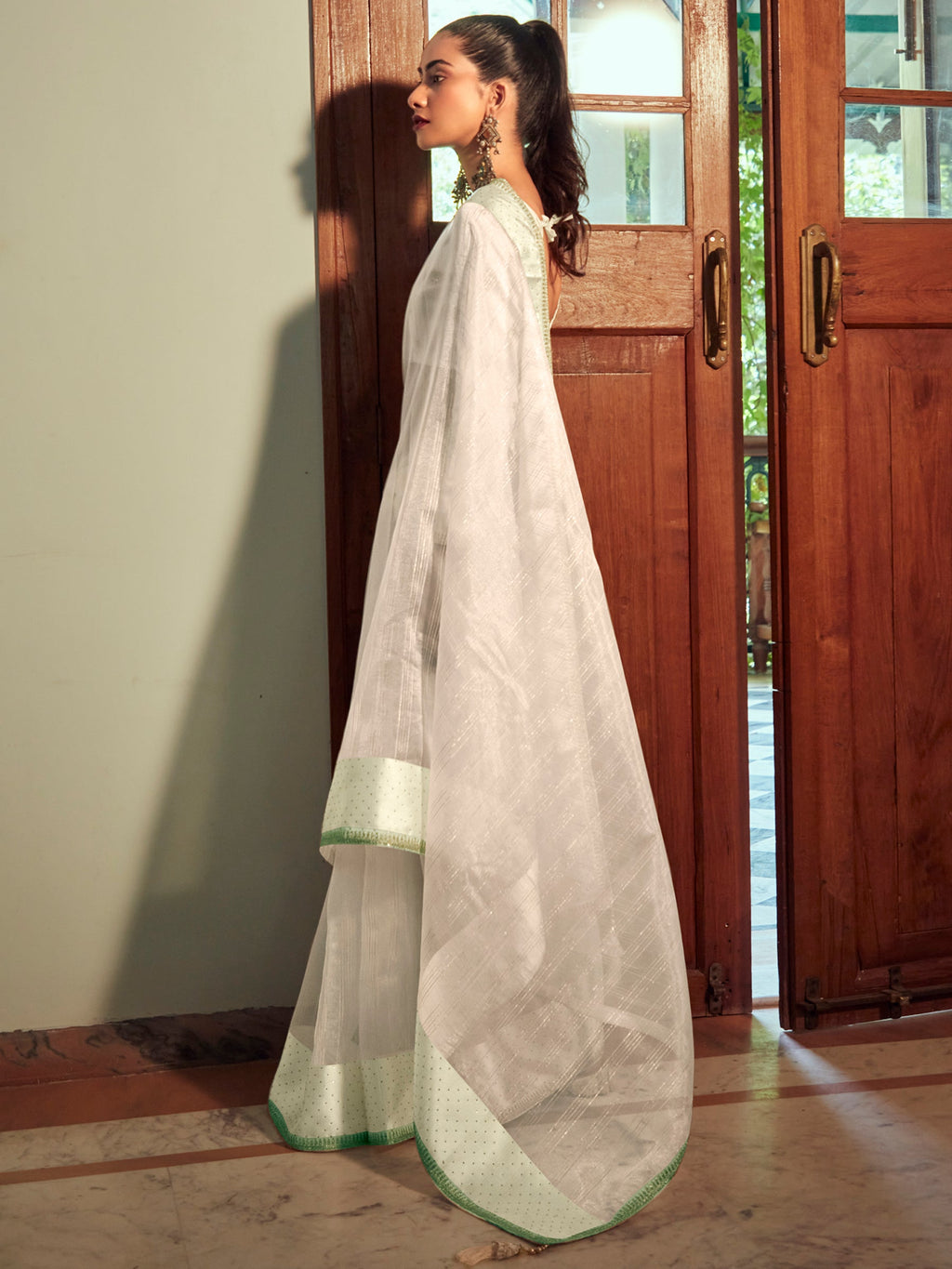 Stylee Lifestyle Cream Organza Woven Saree | Grocsy