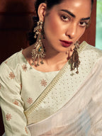 Stylee Lifestyle Cream Organza Woven Saree | Grocsy
