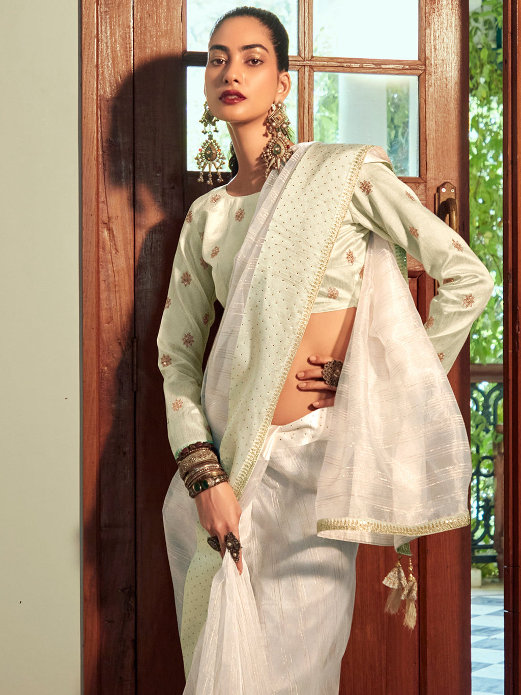 Stylee Lifestyle Cream Organza Woven Saree | Grocsy