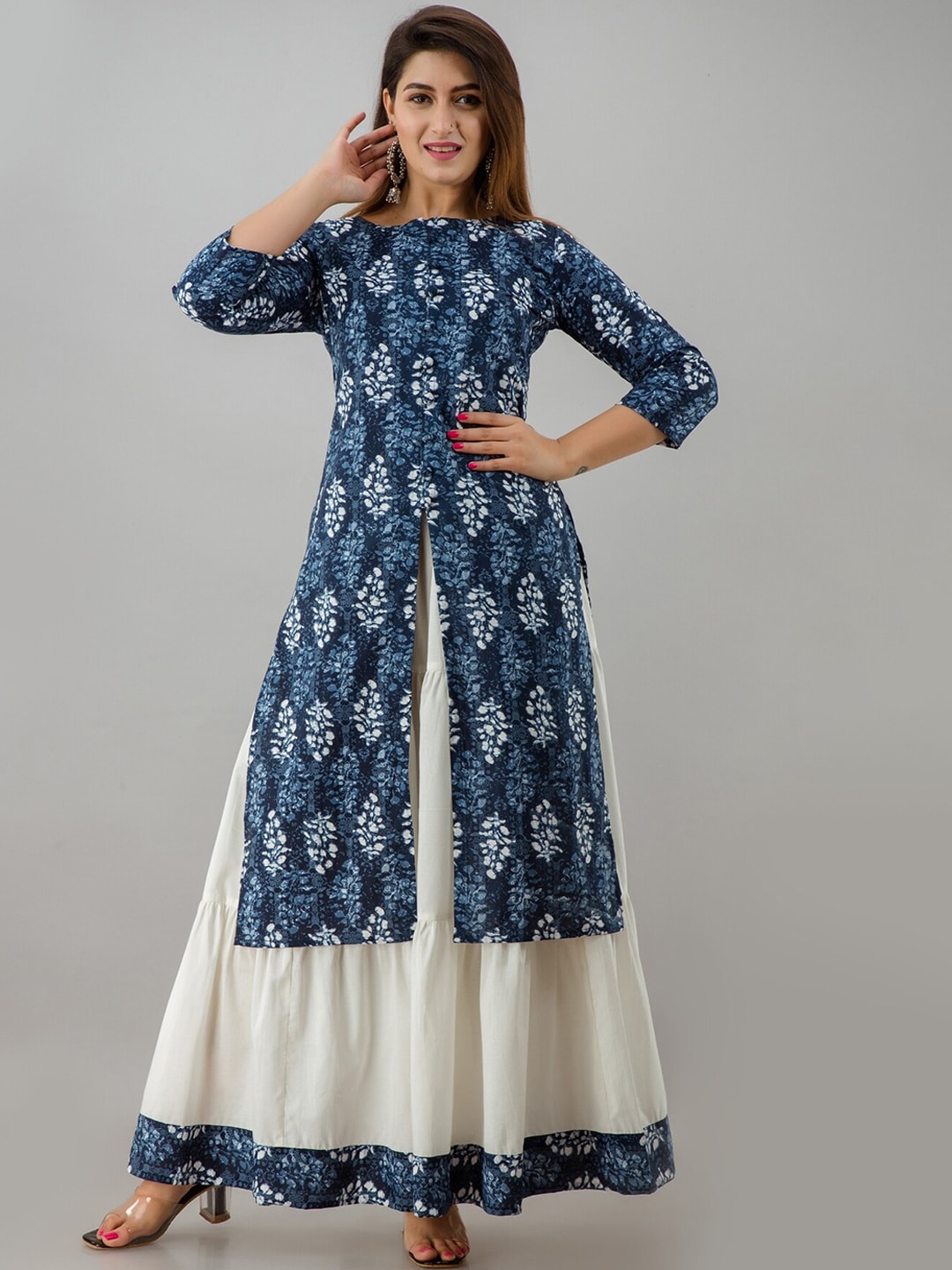 HERE&NOW Blue & White Boat Neck Floral Printed Kurta with Skirt | Grocsy