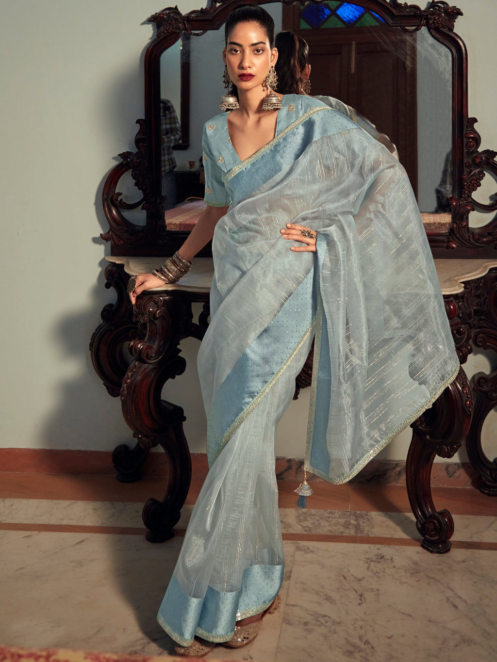 Stylee Lifestyle Sky Blue Organza Woven Saree | Grocsy