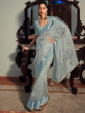 Stylee Lifestyle Sky Blue Organza Woven Saree | Grocsy