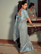 Stylee Lifestyle Sky Blue Organza Woven Saree | Grocsy