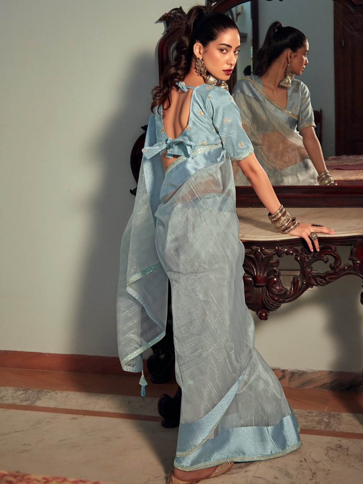 Stylee Lifestyle Sky Blue Organza Woven Saree | Grocsy